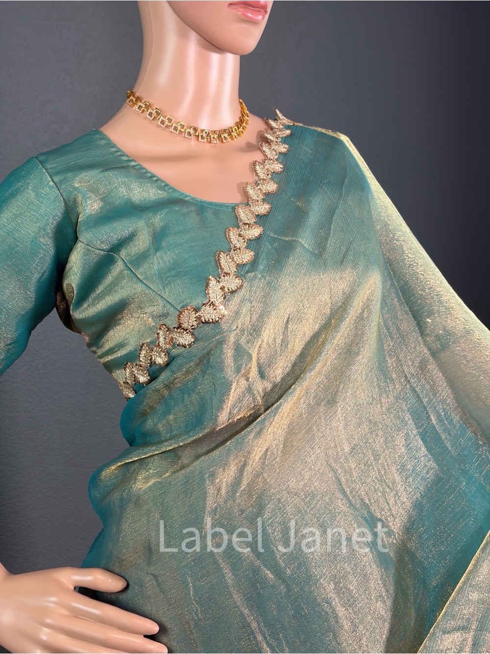 Teal & Gold Shimmer Saree with Embellished Border &stitching blouse (Brand new)